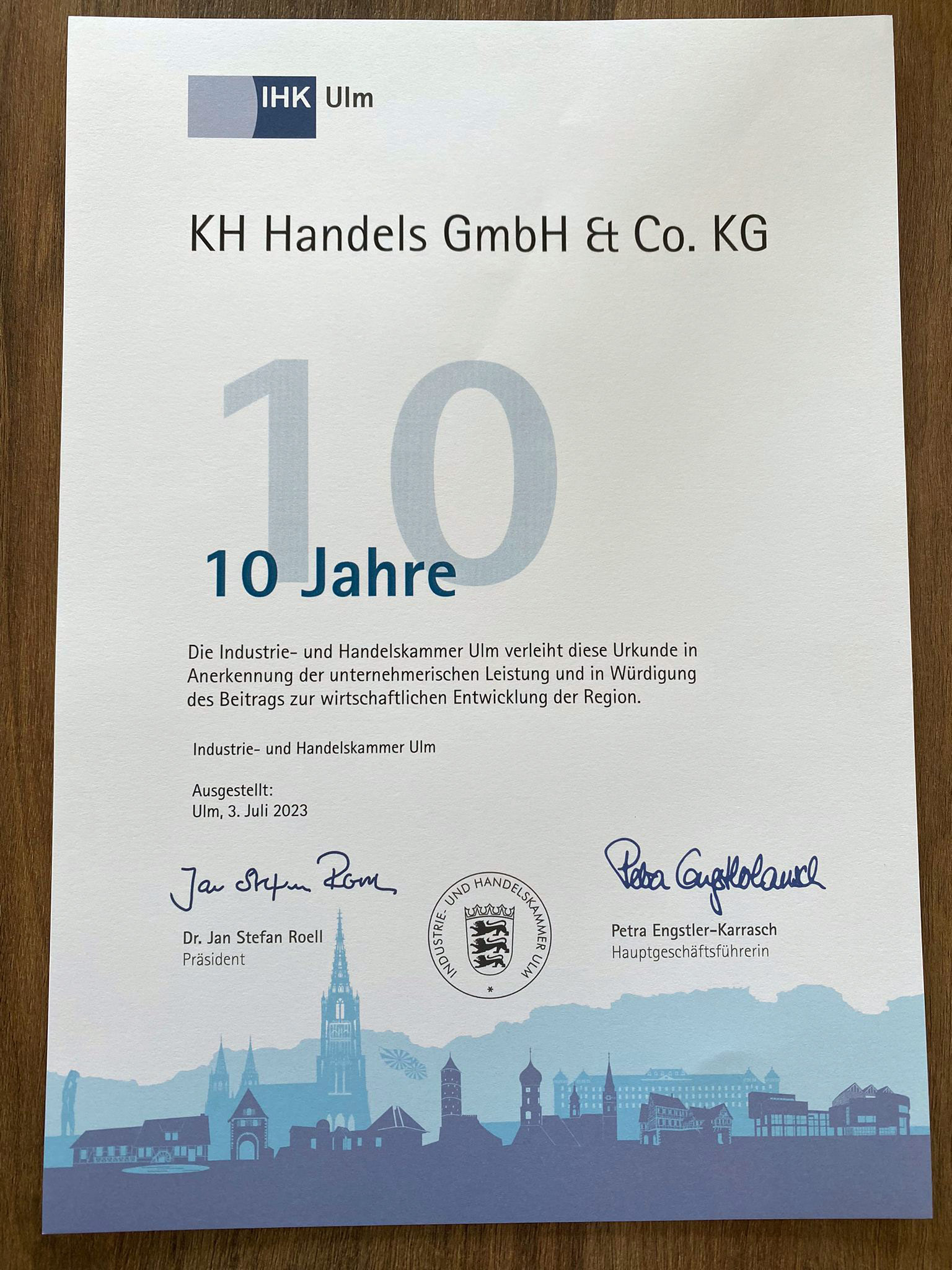 Urkunde-10-Jahre-KH-Handels-GmbH